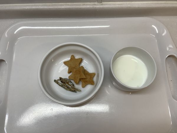 《常食》おやつは、おからきな粉クッキーとたべる煮干しです。
