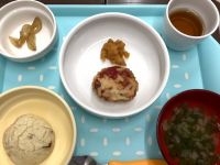 《常食》《アレルギー除去食》昼食は、チーズハンバーグです。