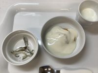 《常食》おやつは、みかんヨーグルトと食べる煮干しです。
