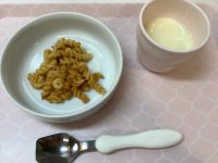 《常食》《アレルギー除去食》おやつは、マカロニきなこです。